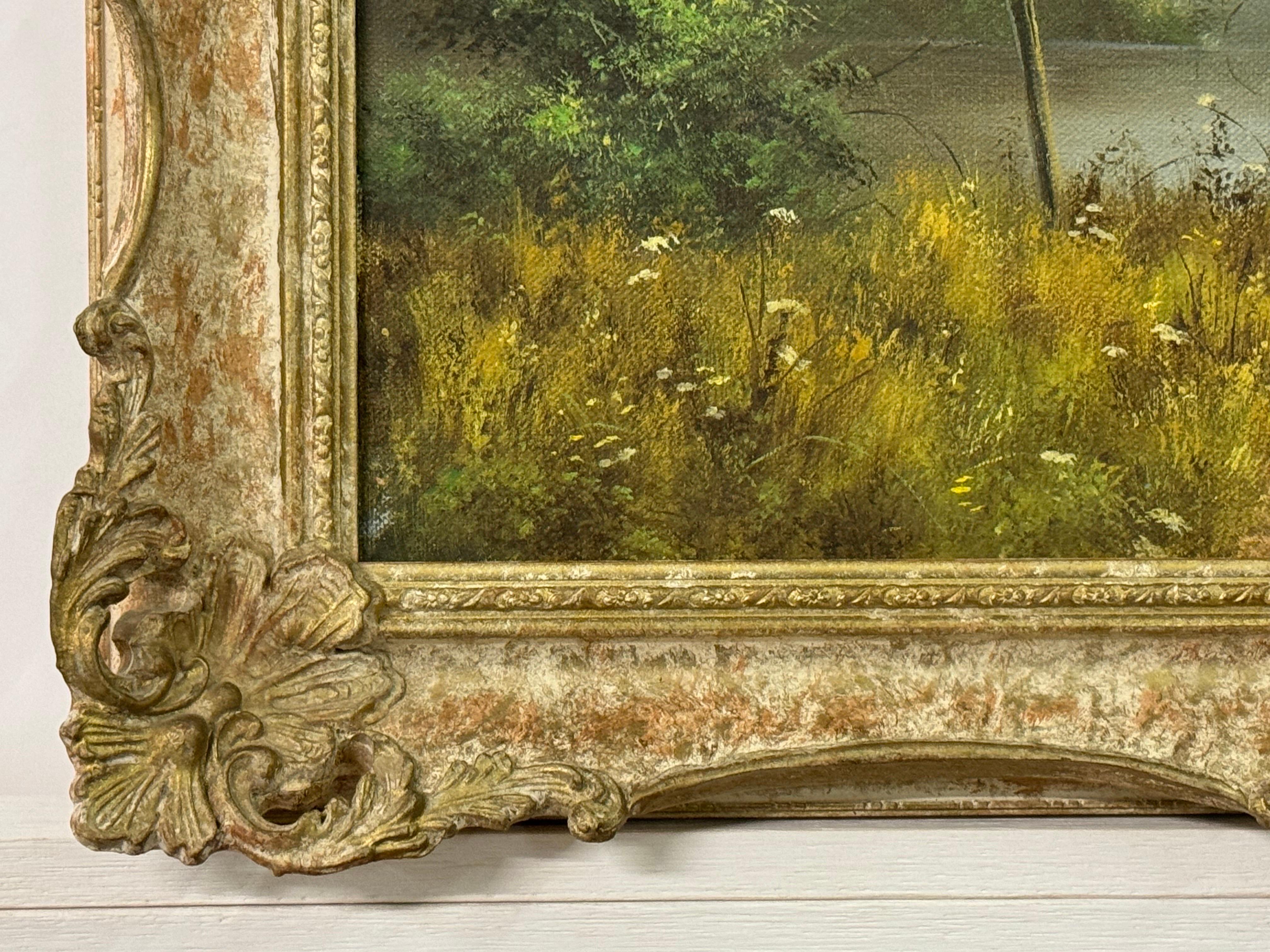Lush Green English Countryside with Cottage & River by British Landscape Artist For Sale 4