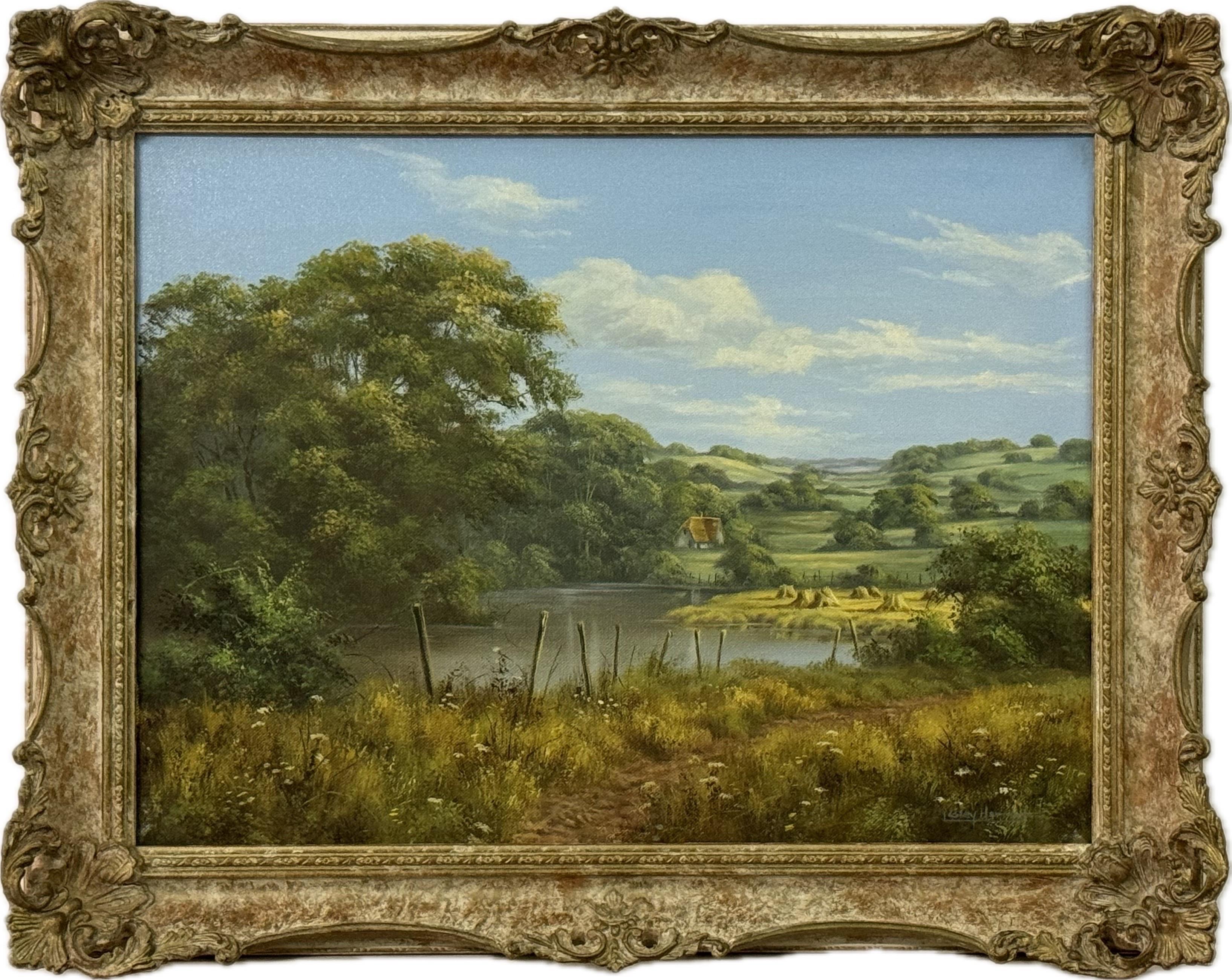 La verde campagna inglese con cottage e fiume dell'artista paesaggista britannico