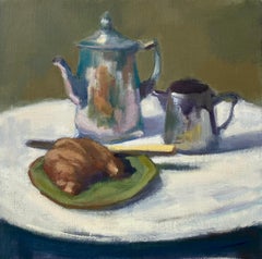 Café Desayuno de Lesley Powell, Óleo Escena francesa con cruasán