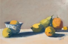 Citrus and Pears by Lesley Powell, Framed Oil on Board Still-Life Painting