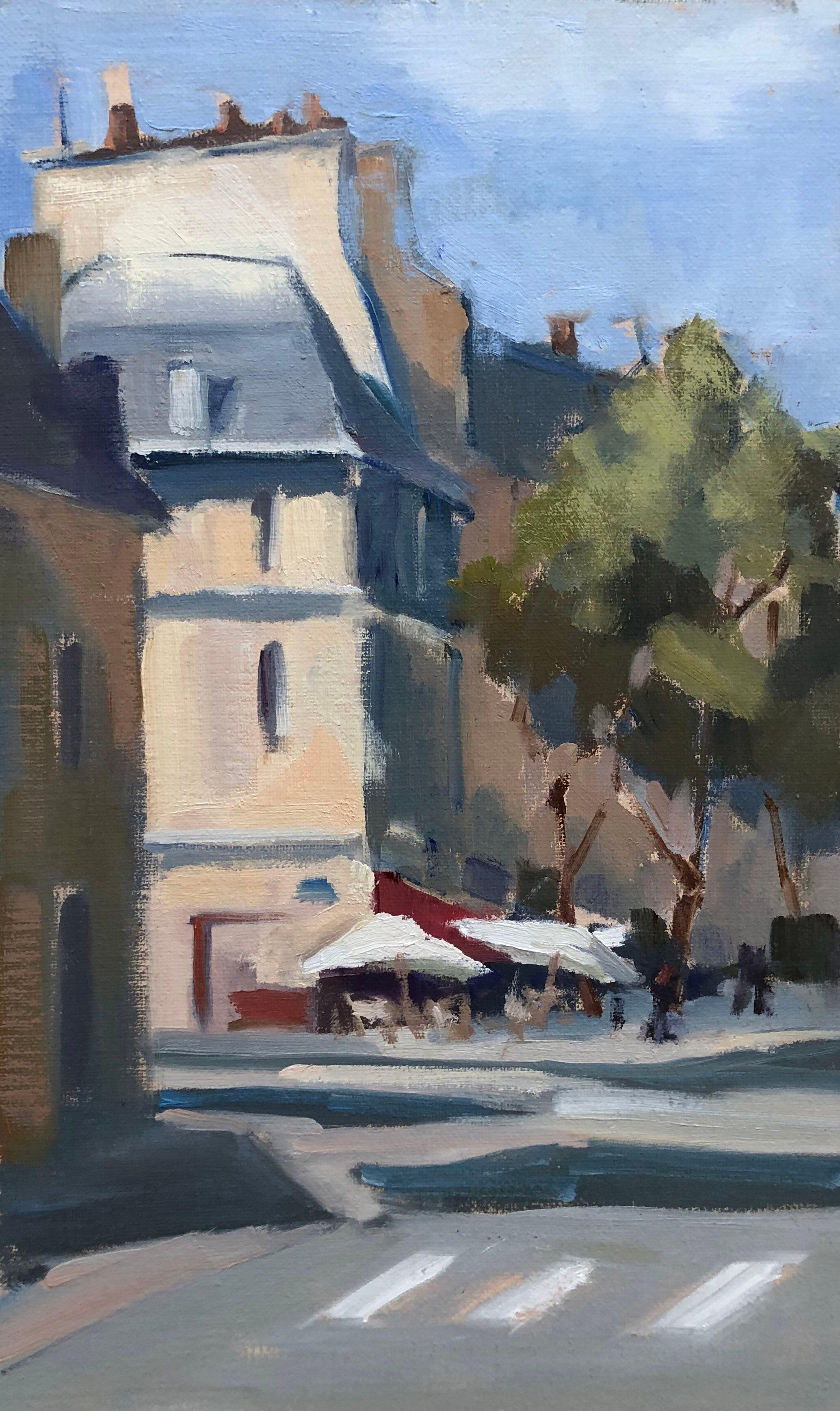 Lesley Powell Landscape Painting - 'Corner Cafe' Petite Vertical Post-Impressionist Parisian Painting