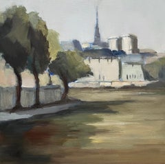Distant Spire by Lesley Powell, Oil Paris Scene with Blue and Neutral