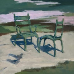 Duet von Lesley Powell, Ölgemälde auf Täfelung, Pariser Szene mit grünen Stühlen