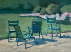 Family of Four by Lesley Powell, Oil on Panel Parisian Scene with Green Chairs