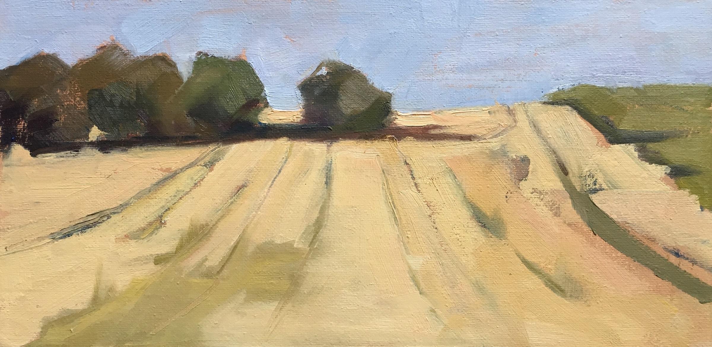 'Fresh Mown Fields' is a small Post-Impressionist oil on linen-wrapped board landscape painting created by American artist Lesley Powell in 2018. Featuring a palette made of soft yellow, green and blue tones, the painting depicts a serene scene.