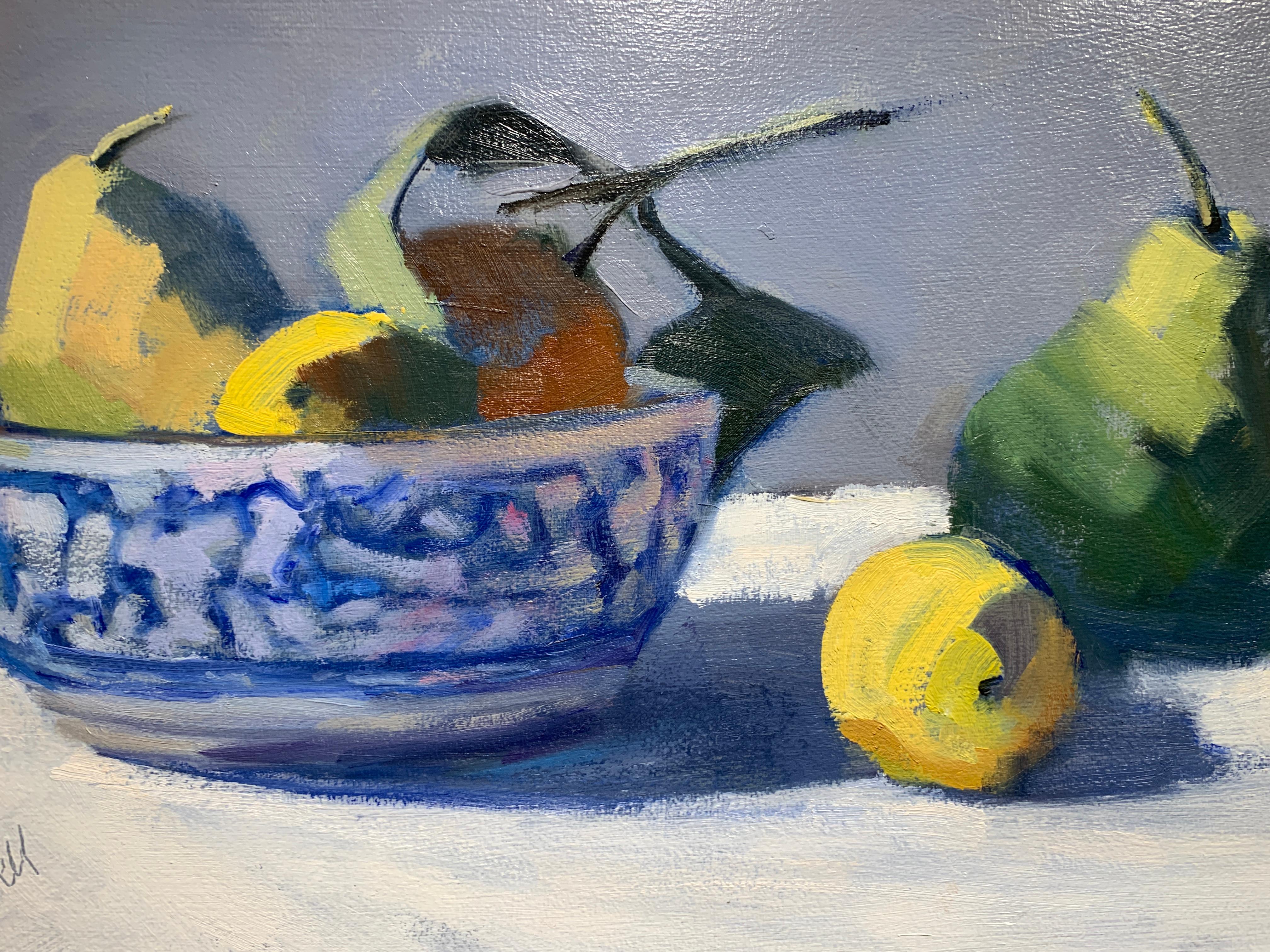 Fruit and Bowl by Lesley Powell, Small Framed Post-Impressionist Oil Painting 3