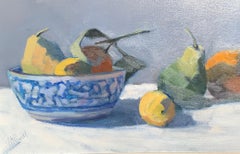 Fruit and Bowl by Lesley Powell, Small Framed Post-Impressionist Oil Painting