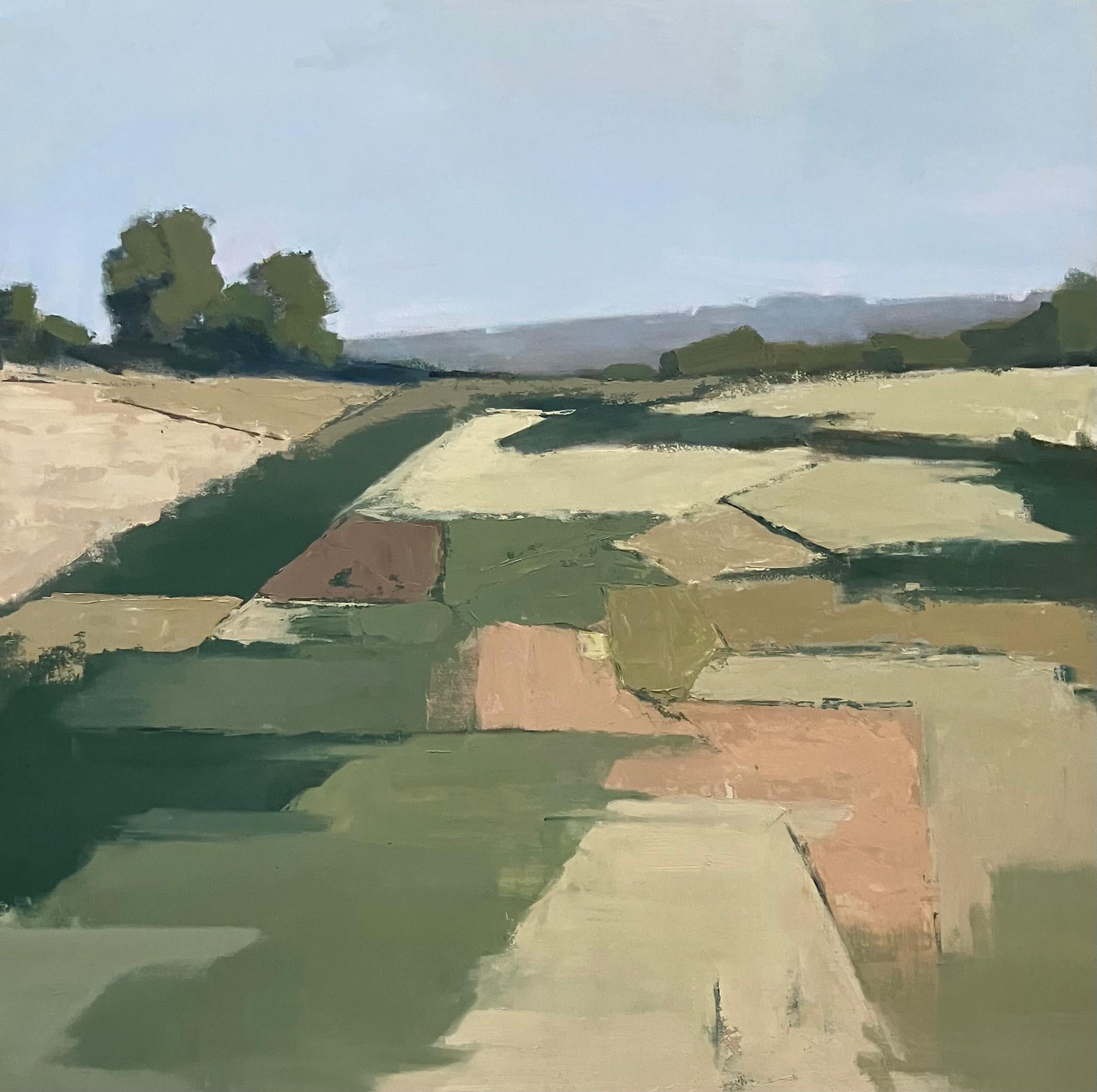 Lesley Powell, huile Scène française avec champs géométriques verts et bleus