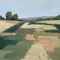 Geometric Fields by Lesley Powell, Oil French Scene with Green and Blue