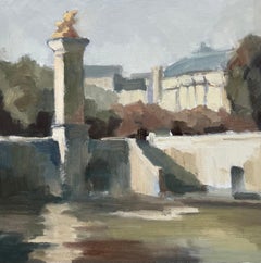 Guardian of the Bridge by Lesley Powell, Oil Paris Scene with Blue and Neutral