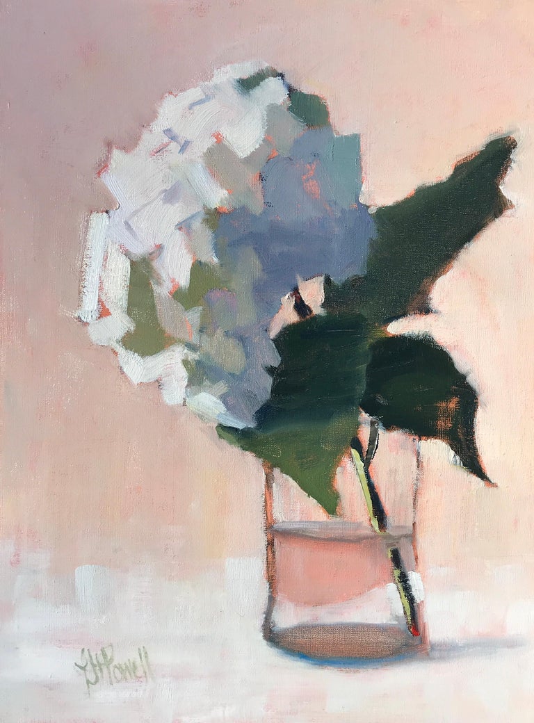 'Hydrangea, Blushing' is a small Post-Impressionist floral still-life painting created by American artist Lesley Powell in 2019. Featuring a soft palette mostly made of pink, white, green and blue tones, the painting depicts a lovely hydrangea