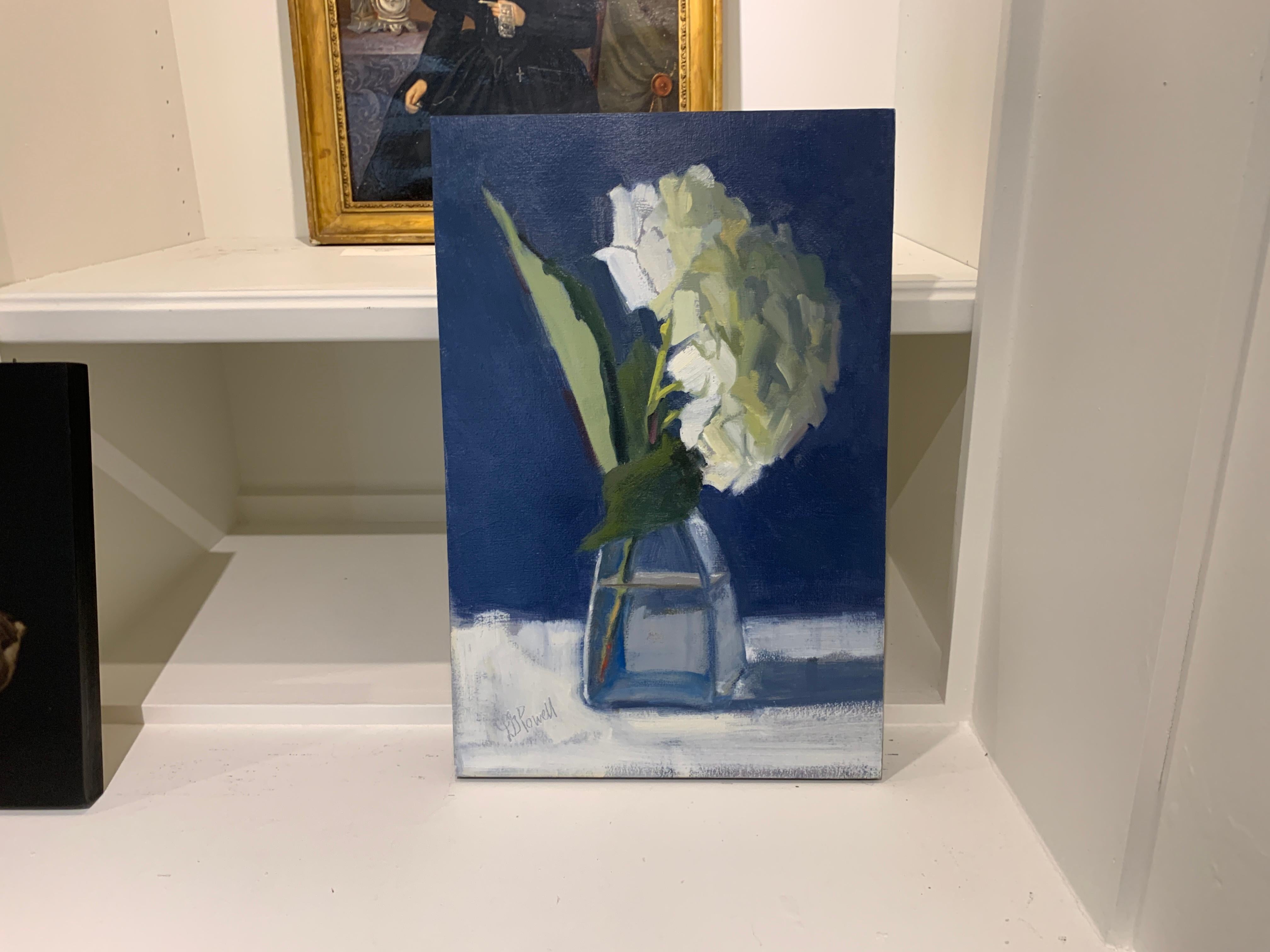 Hydrangea on Tiptoe by Lesley Powell, Small Oil on Board Still-Life Painting 1
