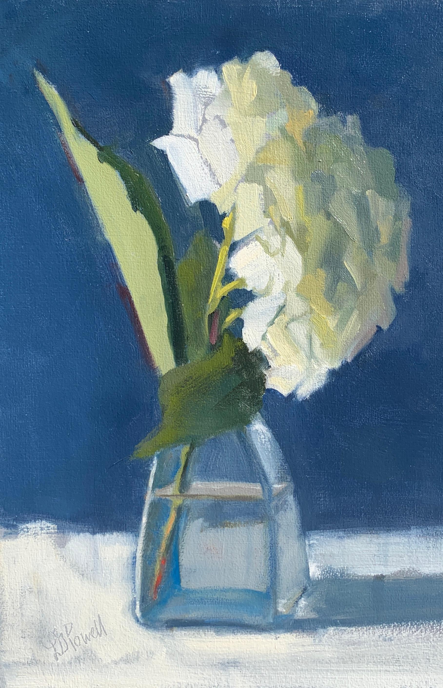 'Hydrangea on Tiptoe' is a small oil on board Post-Impressionist floral still-life painting created by American artist Lesley Powell in 2019. Featuring a palette made of blue, white, green and soft yellow tones, the painting depicts a delicate