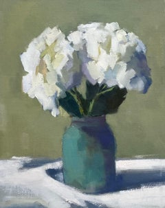 Hortensias en jarrón de cerámica Cuenco de Lesley Powell, Óleo sobre lino enmarcado Floral
