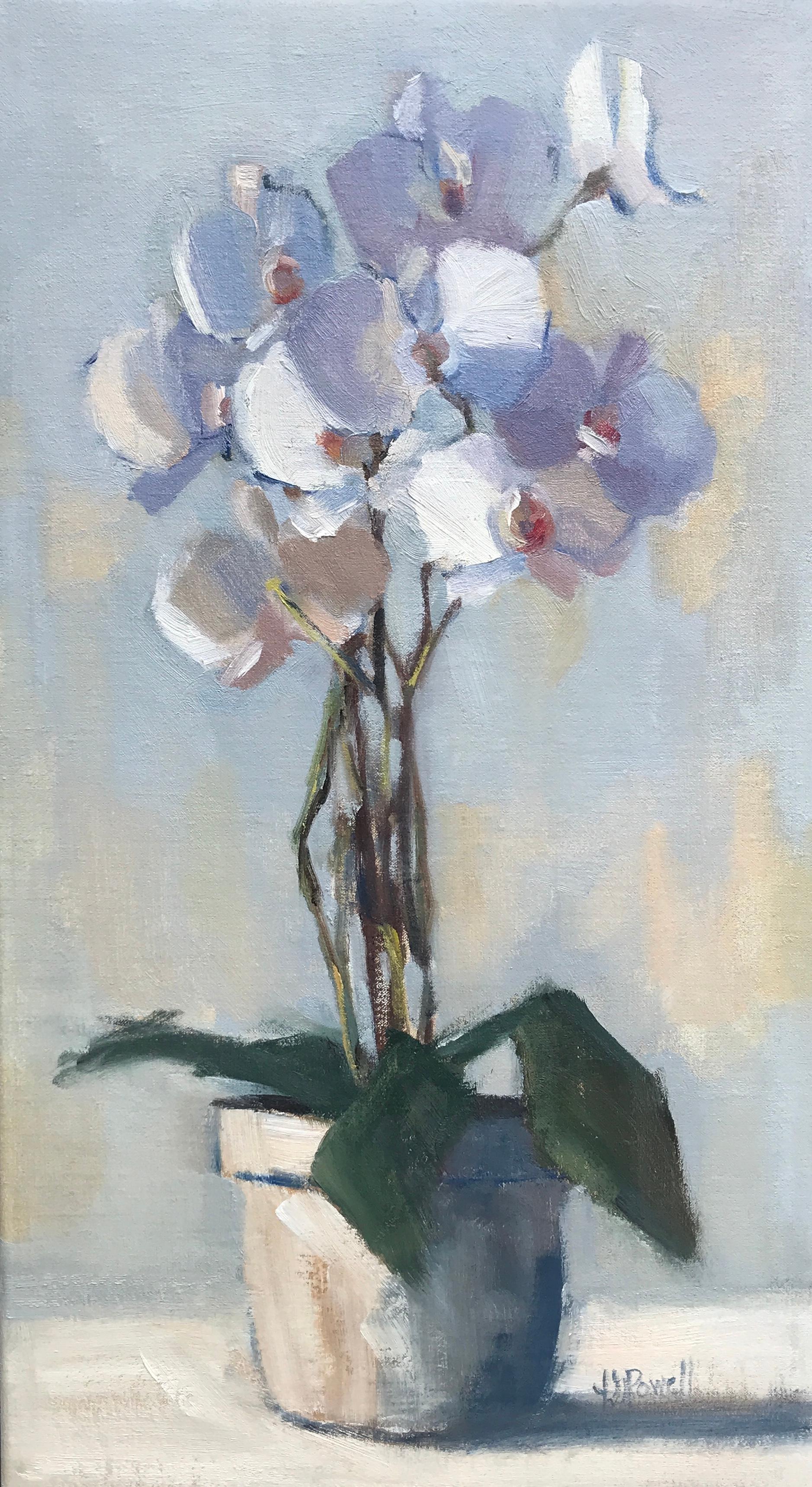 'Into the Light' is a framed Post-Impressionist oil on linen floral painting created by American artist Lesley Powell in 2018. Featuring a soft palette made of purple, blue, white, green and beige colors, this vertical Post-Impressionist painting