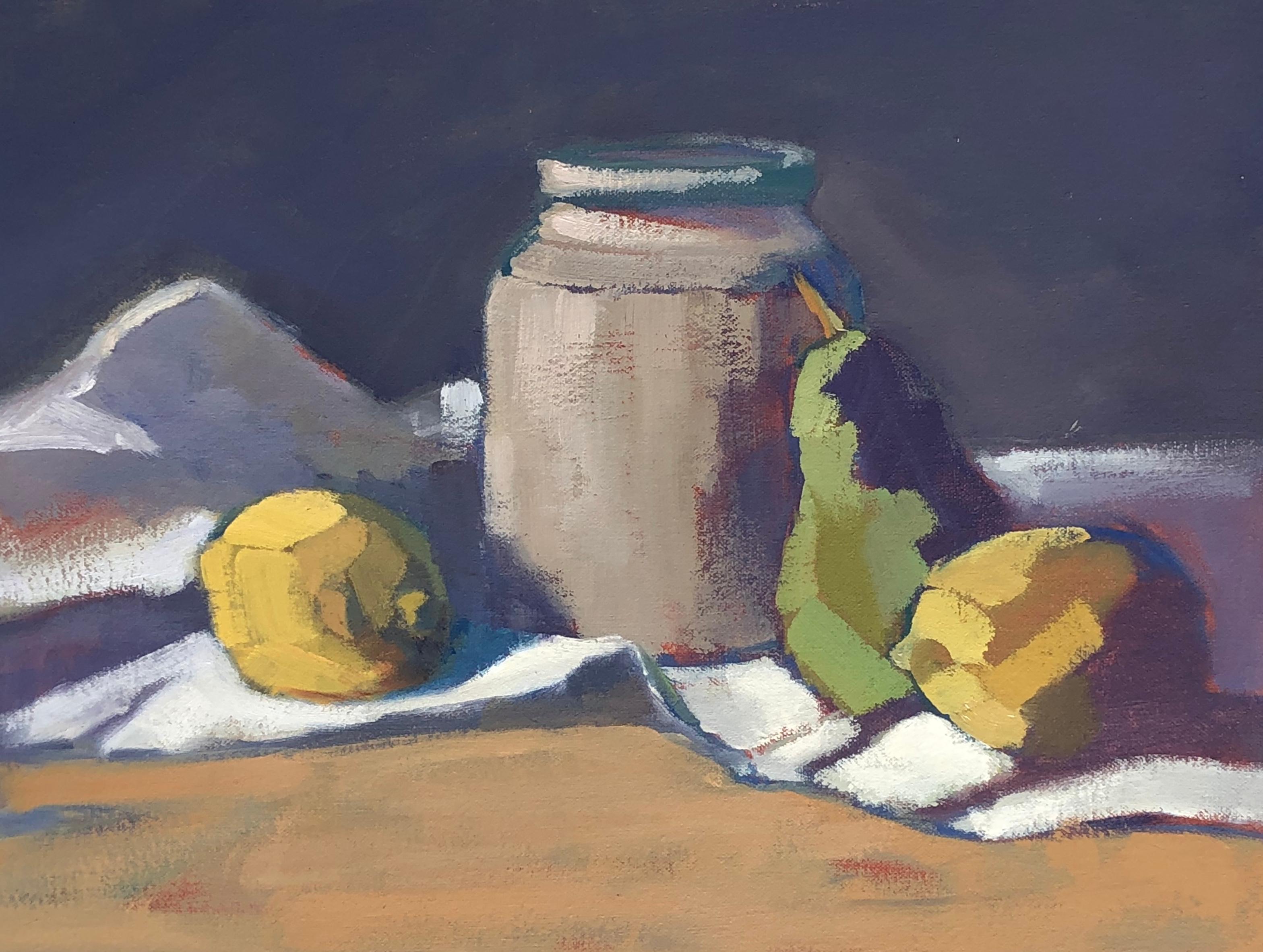 Jugs, Lemons, Pear Without its frame, the painting measures 12 x 16 inches. 

Lesley Powell paints in oils with a classical approach to composition and color, but she has a point of view that is fresh and contemporary. Whenever possible, she prefers