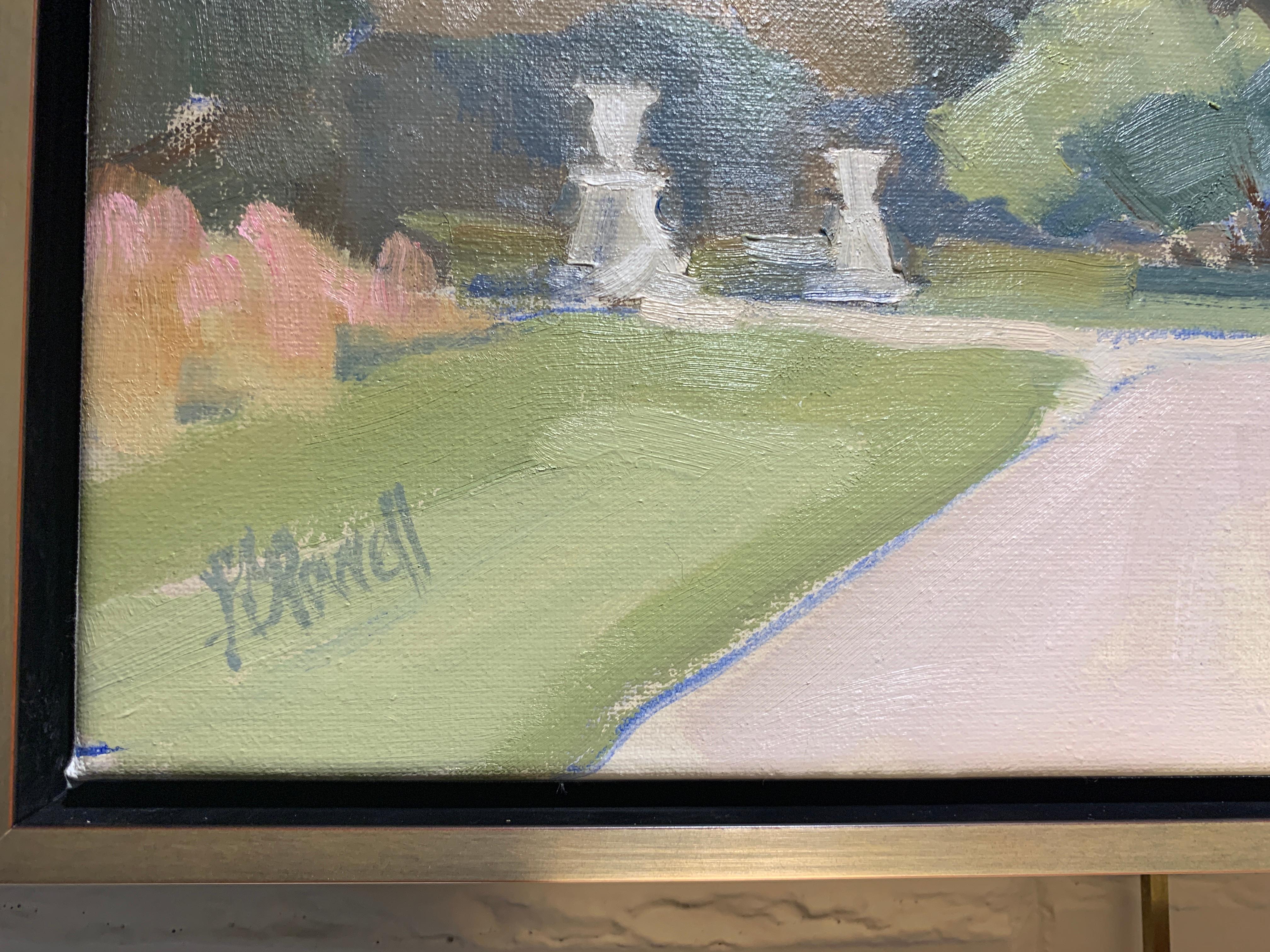 'Louvre, from the Tuileries' is a petite Post-Impressionist framed oil on linen landscape painting created by American artist Lesley Powell in 2019. Featuring a soft palette mostly made of brown and green colors, accented with delicate blue and pink