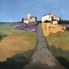 Luberon Bauernhäuser von Lesley Powell, quadratisches Ölgemälde auf Leinwand, Landschaftsmalerei