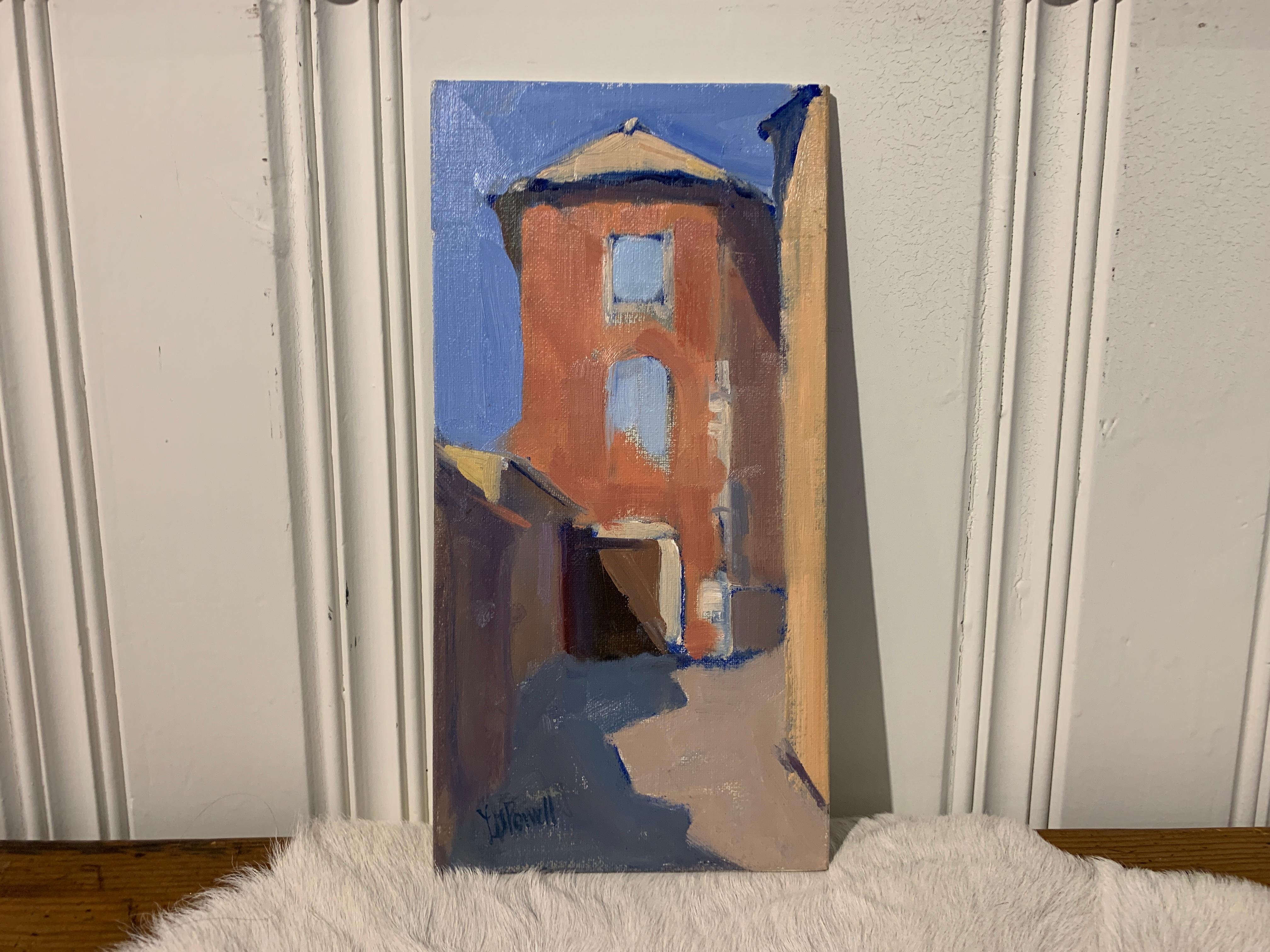 'Maison Rouge' is a small Post-Impressionist oil on linen mounted on board architectural painting of vertical format created by American artist Lesley Powell in 2019. Featuring a palette made of red, blue and beige tones and translating as 
