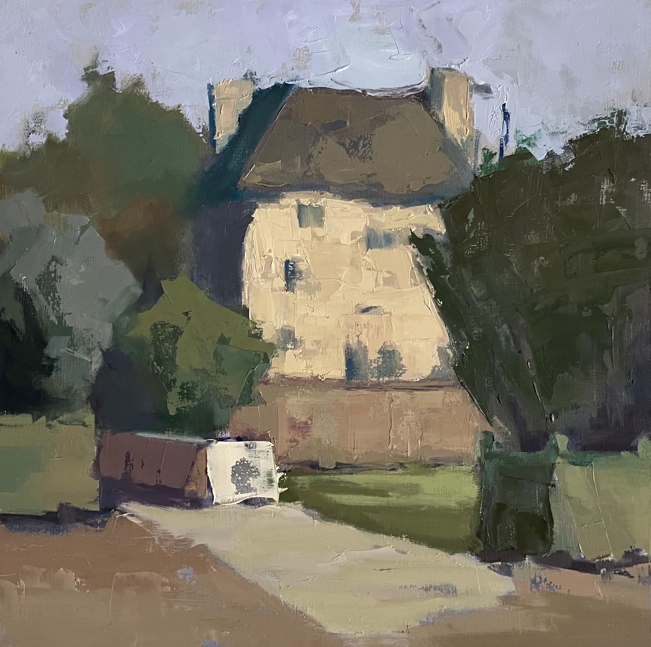 Un encantador homenaje a los tejados europeos, Mansard es una pintura al óleo de 12 x 12 pulgadas sobre panel acunado que presenta una tranquila vista de un clásico tejado de mansarda. La cuidada pincelada de Lesley Powell y su paleta apagada