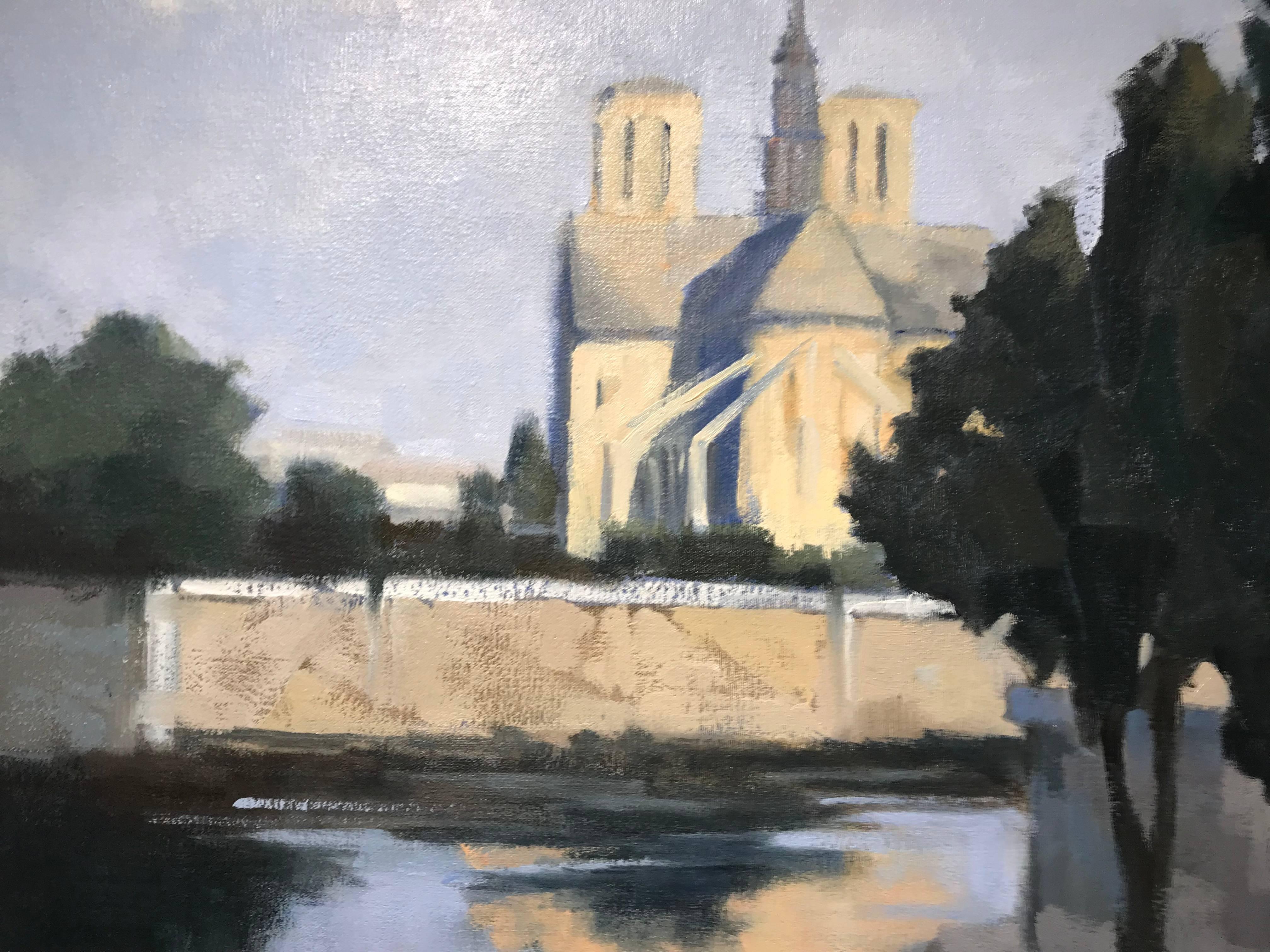 'Notre Dame at First Light' Medium Vertical Post-Impressionist Parisian Painting 2
