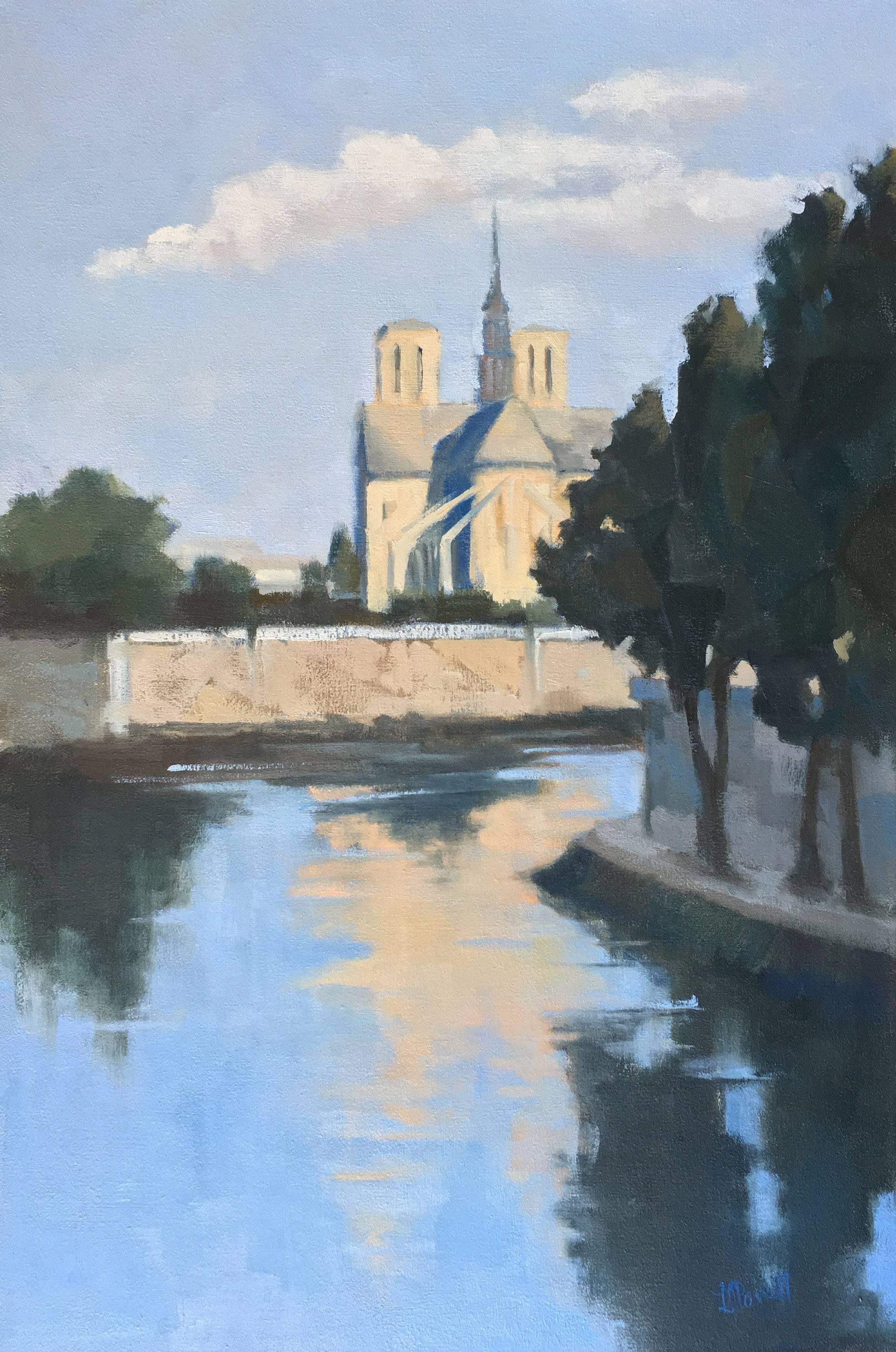 Lesley Powell Landscape Painting - 'Notre Dame at First Light' Medium Vertical Post-Impressionist Parisian Painting