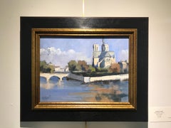 Notre Dame, Seine, Lesley Powell Oil on Panel Parisian Landscape Painting