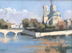 Notre Dame, Seine, Lesley Powell Oil on Panel Parisian Landscape Painting