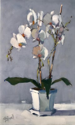 Orquídeas agrupadas de Lesley Powell, Óleo floral sobre lino con marco vertical