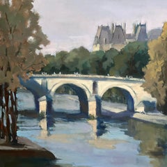 Huile sur toile « Over the Seine » de Lesley Powell, Scène parisienne avec pont