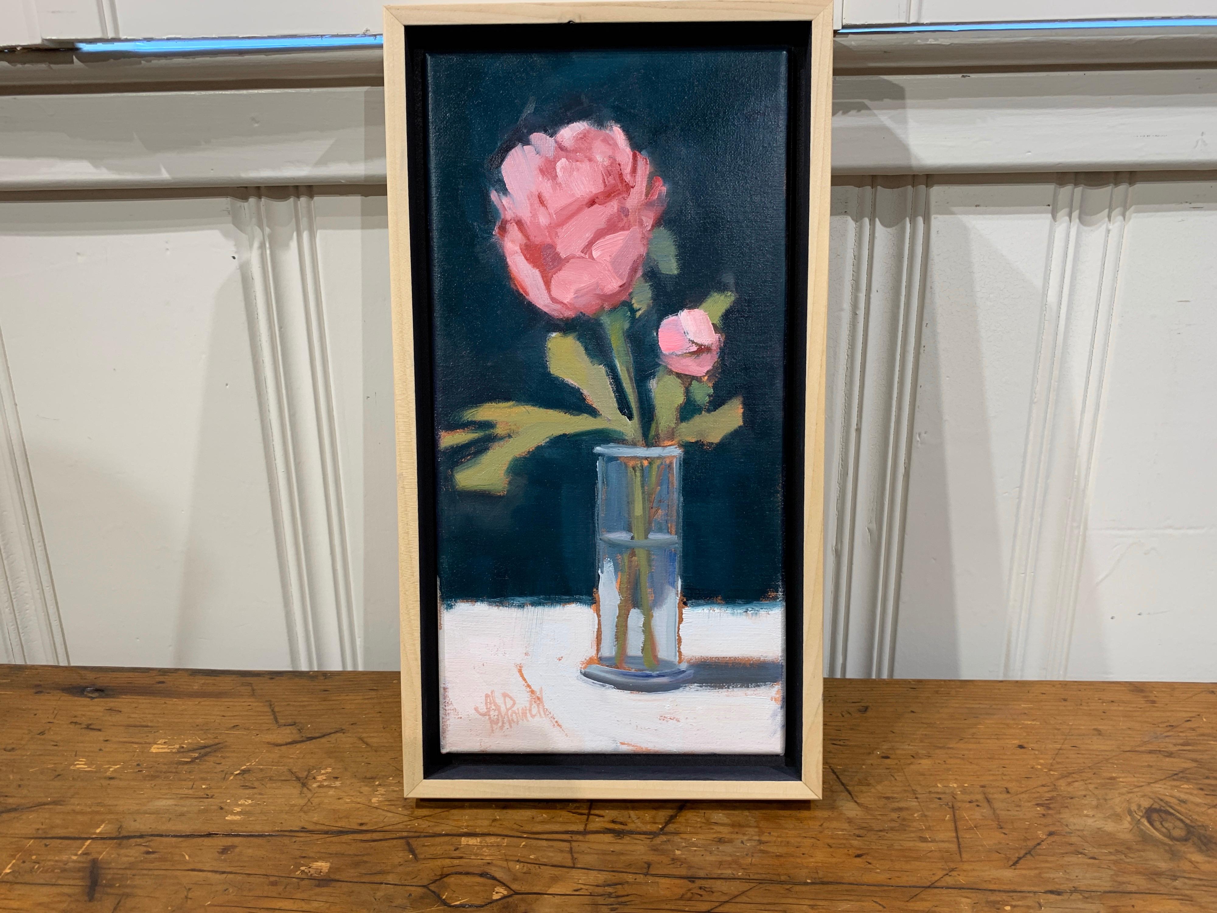 Peonies in Bud Vase by Lesley Powell, Small Oil on Board Still-Life Painting 1
