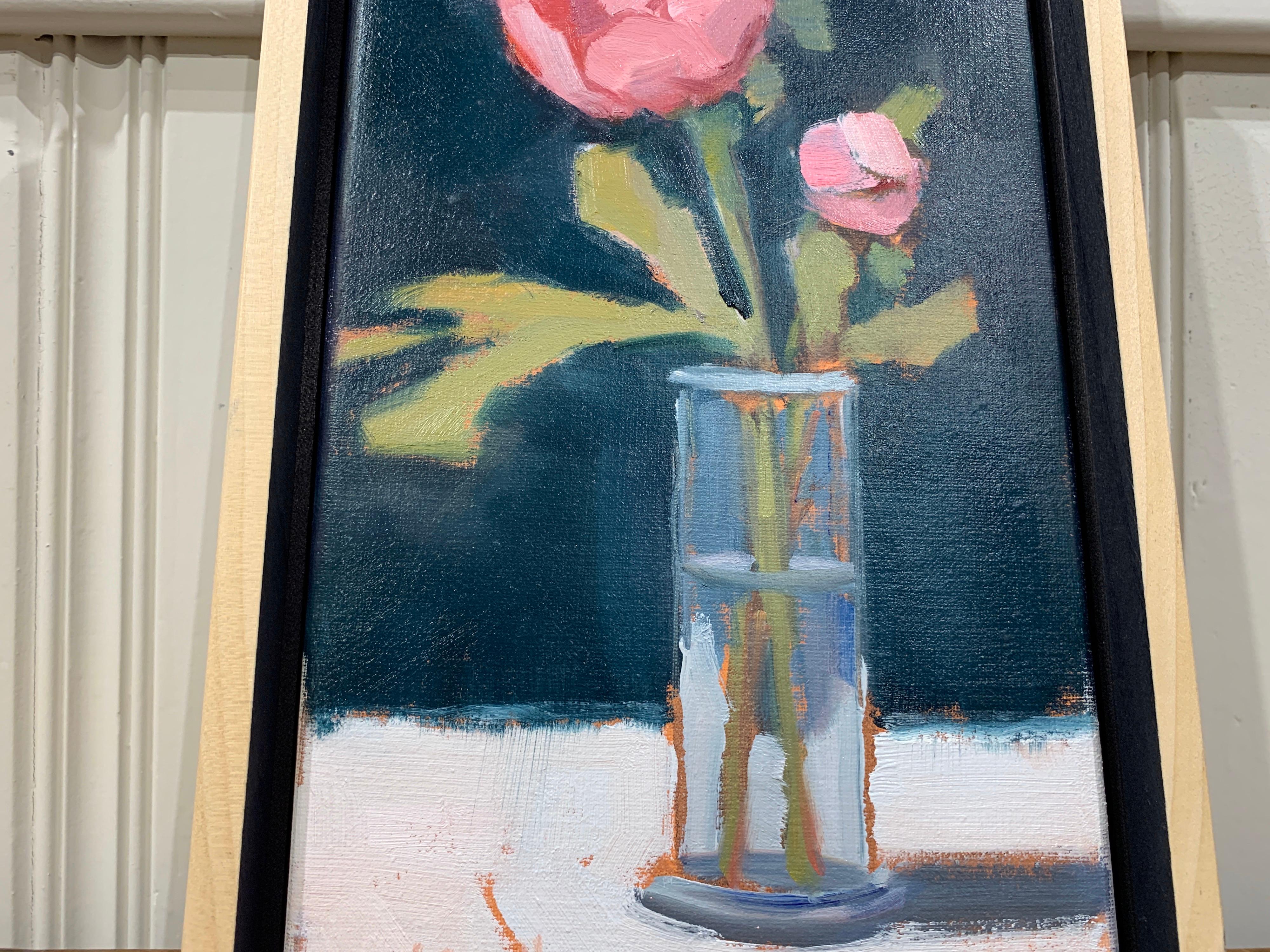 Peonies in Bud Vase by Lesley Powell, Small Oil on Board Still-Life Painting 4