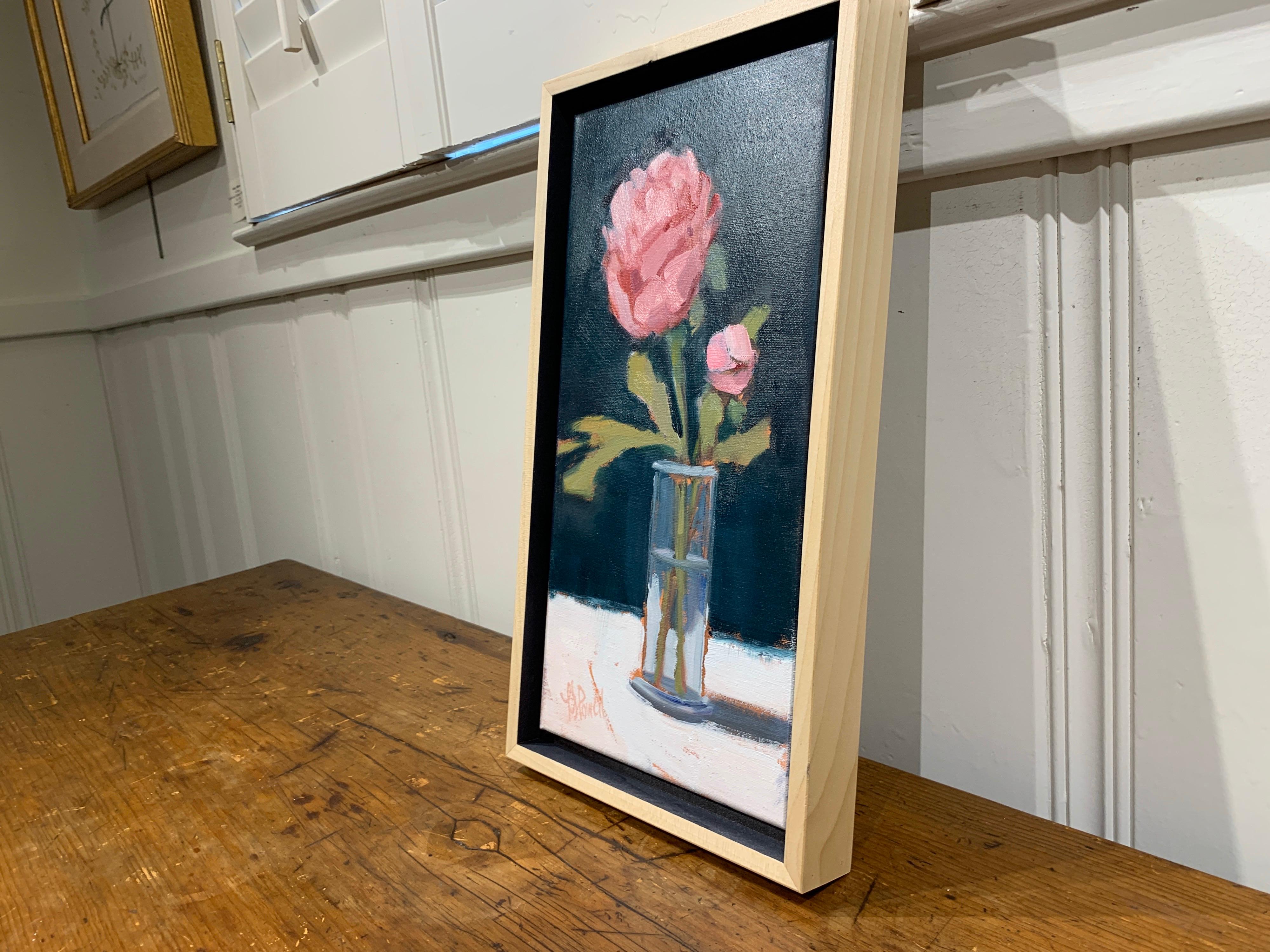 Peonies in Bud Vase by Lesley Powell, Small Oil on Board Still-Life Painting 6