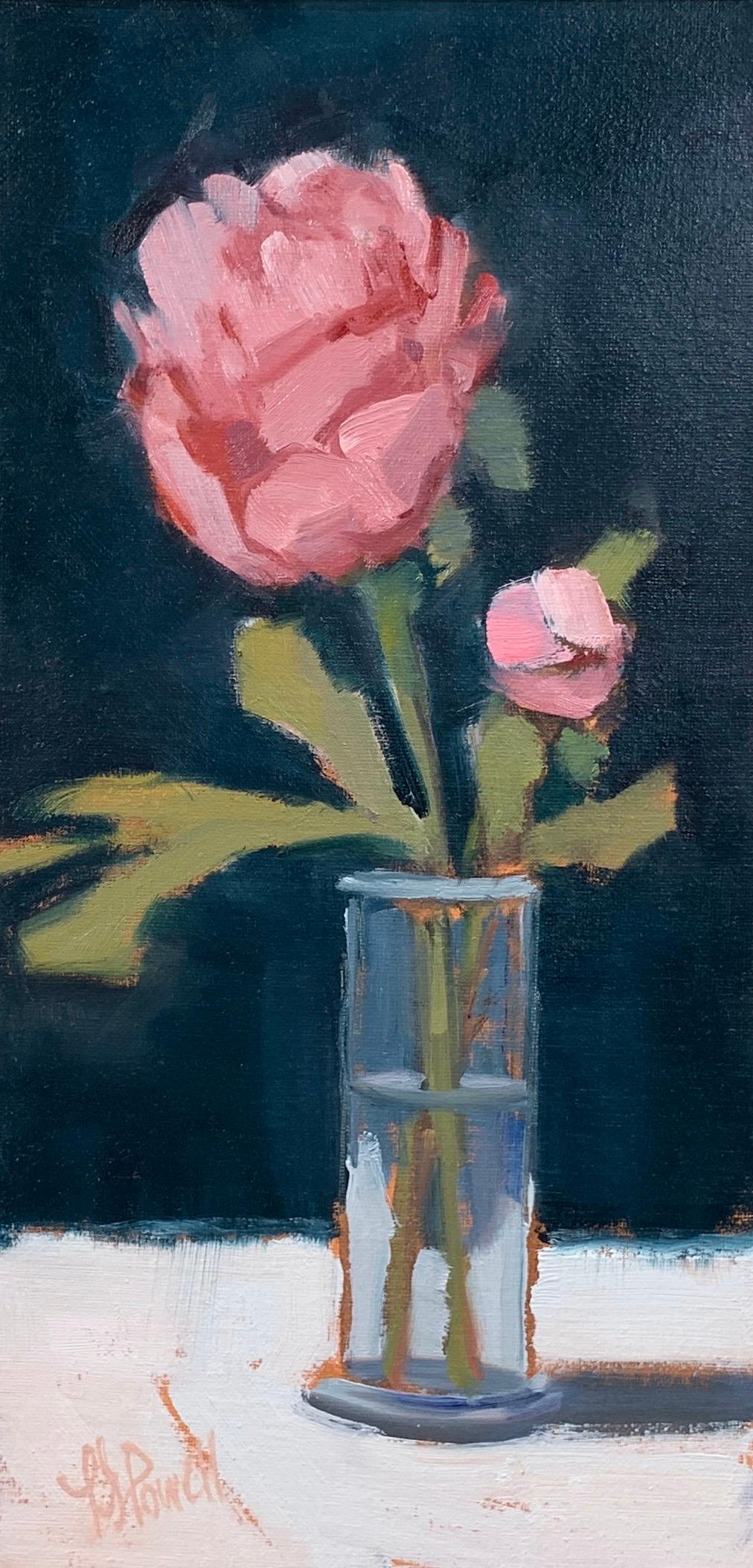 'Peonies in Bud Vase' is a small oil on board Post-Impressionist floral still-life painting created by American artist Lesley Powell in 2020. Featuring a palette made of black, pink, green and white tones, the painting depicts a delicate peony