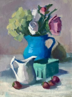 Pitchers and Cherries by Lesley Powell, Oil on Panel Still Life with Floral