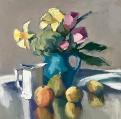 Pitchers and Fruits by Lesley Powell, Oil on Panel Still Life with Floral