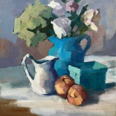 Jarras y melocotones de Lesley Powell, Óleo sobre tabla Naturaleza muerta con flores
