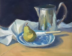 Plate, Pear, Tankard, Contemporary Still Life Oil Painting by Lesley Powell