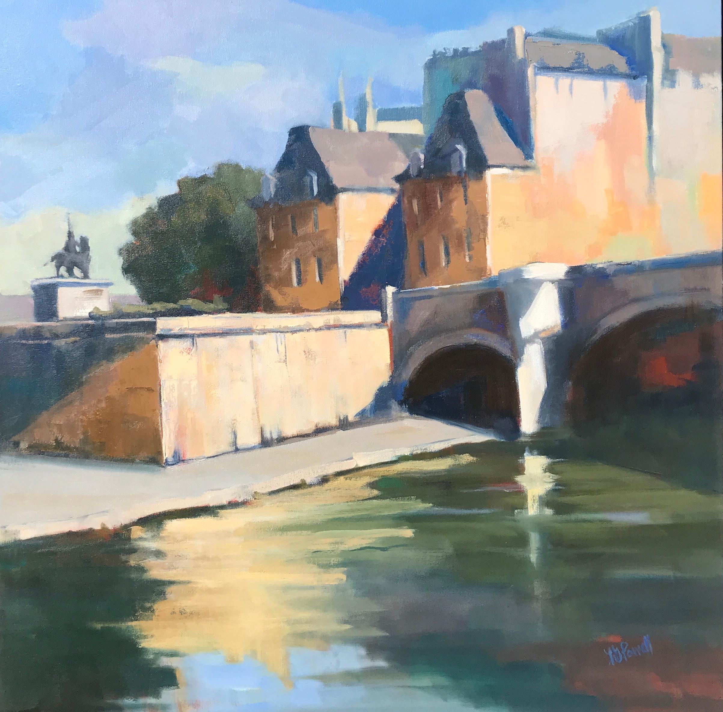 'Pont Neuf and Henri IV' is a framed Post-Impressionist oil on canvas painting created by American artist Lesley Powell in 2019. Featuring a palette made of blue, purple, orange and green tones, the painting depicts one of the loveliest bridges of
