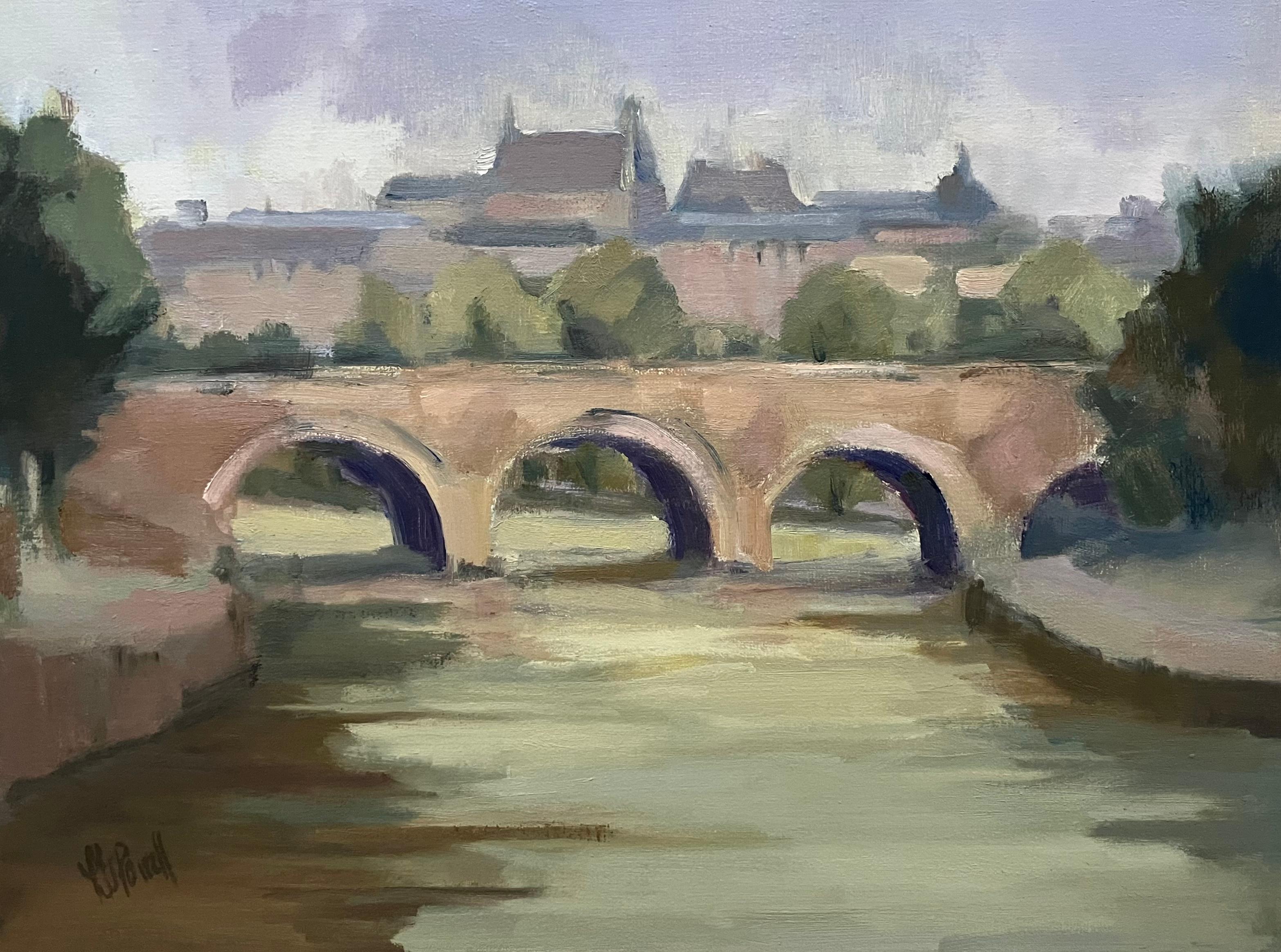 Huile encadrée Pont Neuf, 8 mai par Lesley Powell, scène parisienne avec pont