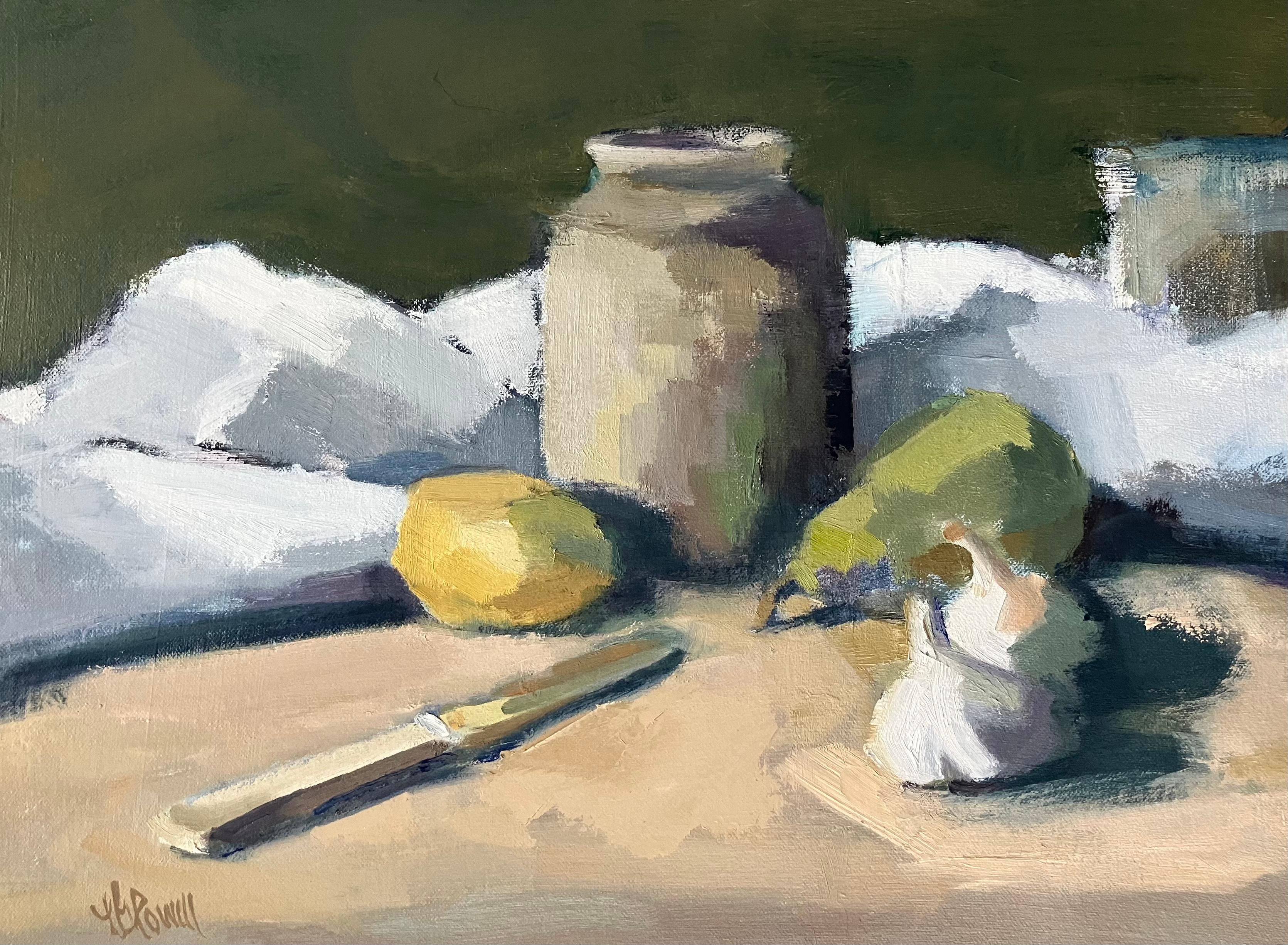 Sextet by Lesley Powell, Framed Lemon Still Life Oil on Linen with Green