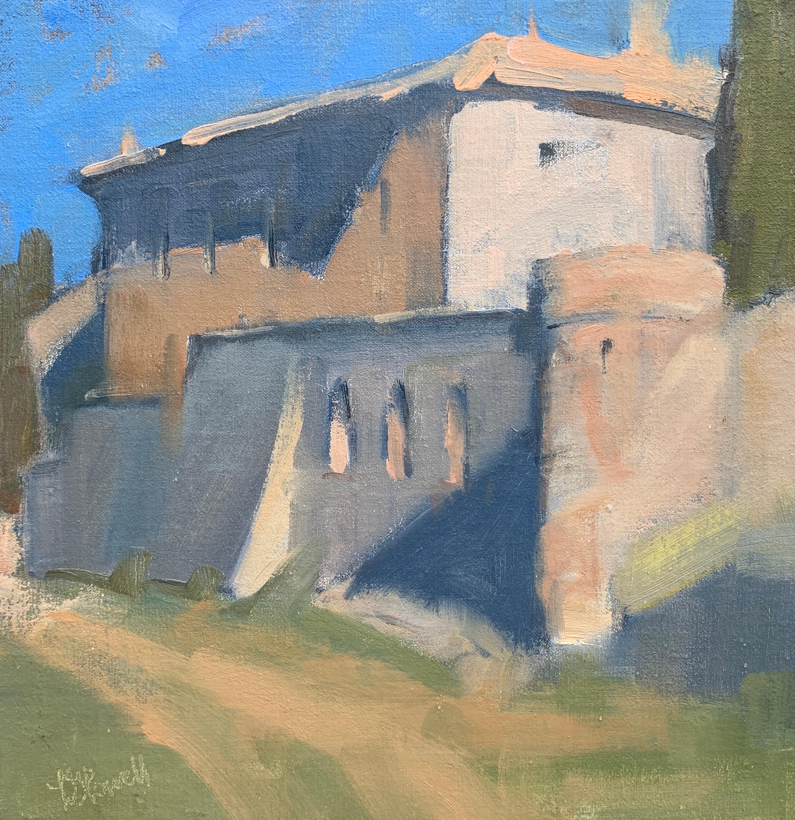 'St. Hilaire, Mid-Morning' is a small Post-Impressionist oil on linen mounted on board painting created by American artist Lesley Powell in 2019. Featuring a palette made of blue, grey, pink and green tones, the painting features the town of