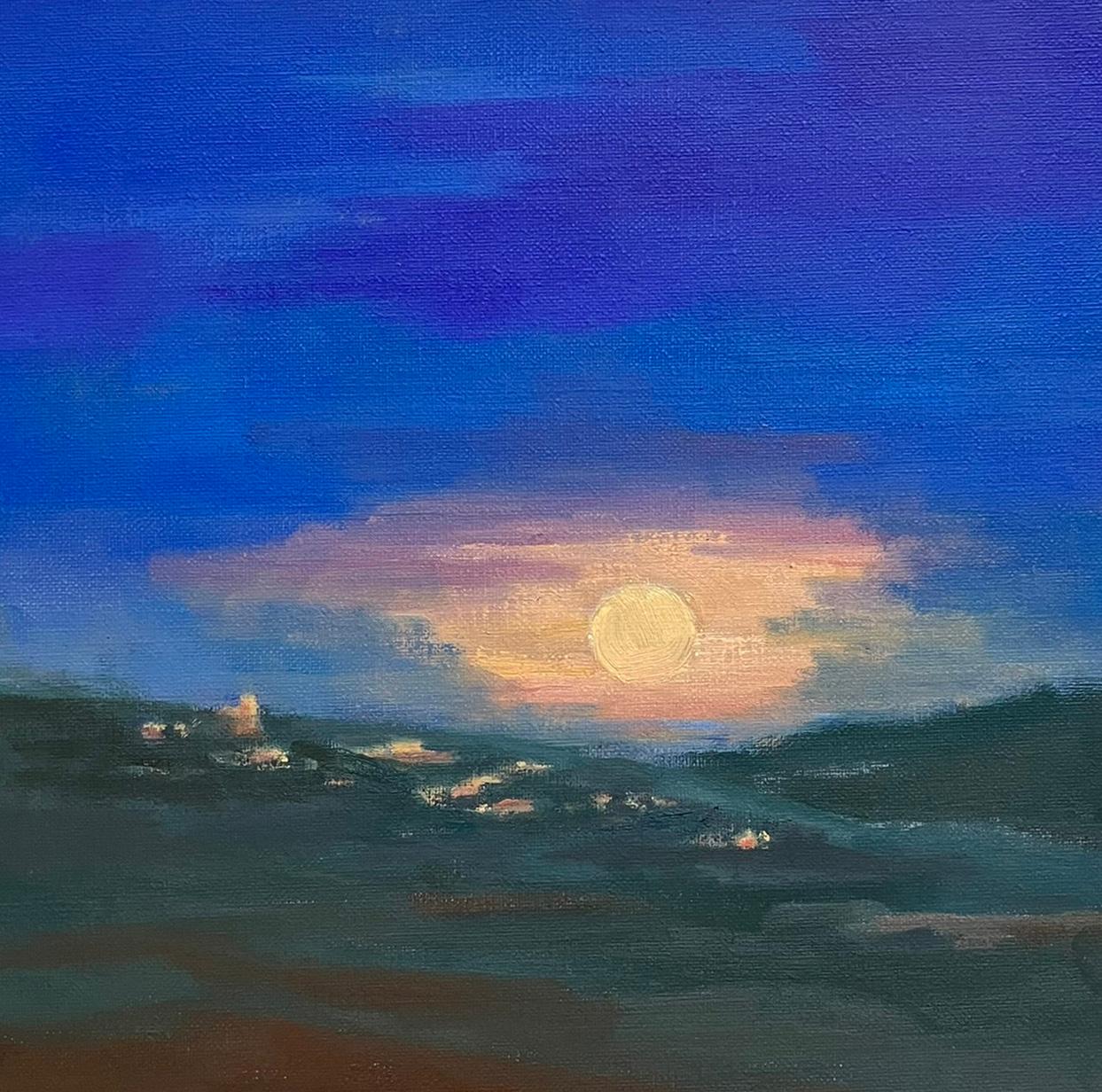Stawberry Super Moon by Lesley Powell, Square Oil on Canvas Landscape Painting