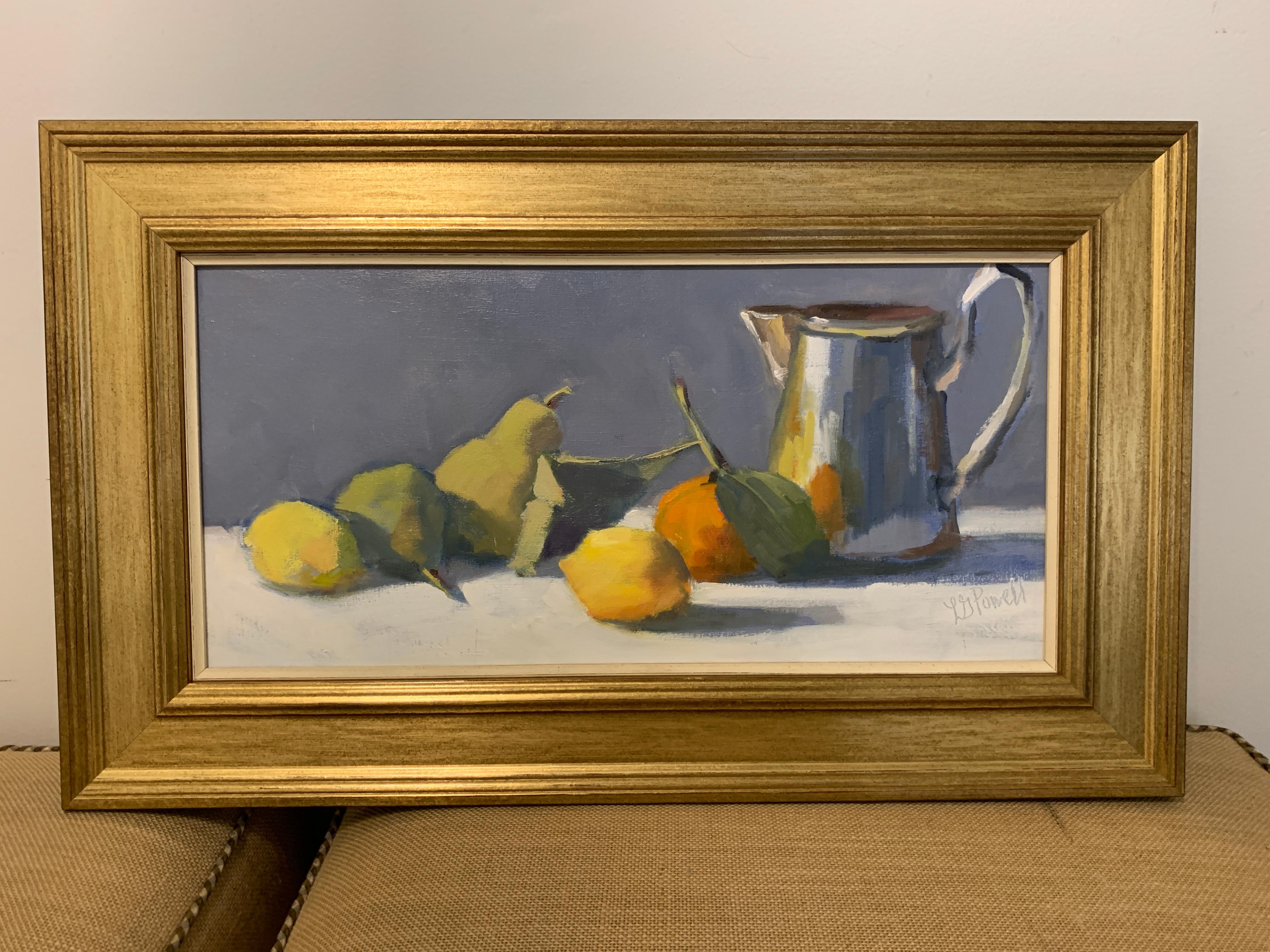 'Tankard and Fruit' is a small framed Post-Impressionist oil on panel still-life painting of horizontal format created by American artist Lesley Powell in 2019. Featuring a palette made of green, orange, yellow, silver and grey tones, the painting