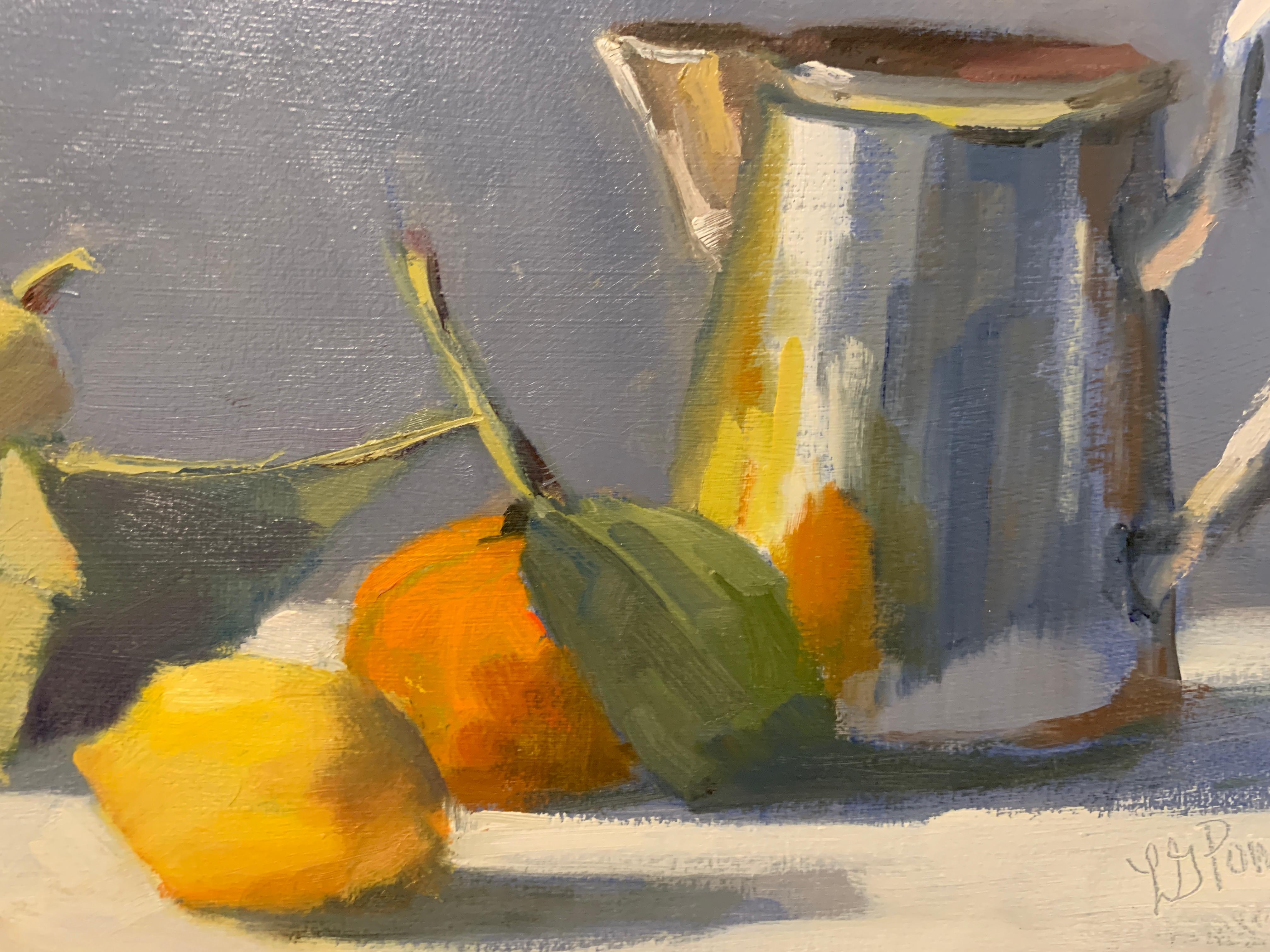 Tankard and Fruit by Lesley Powell, Small Framed Oil on Panel Still-Life 2