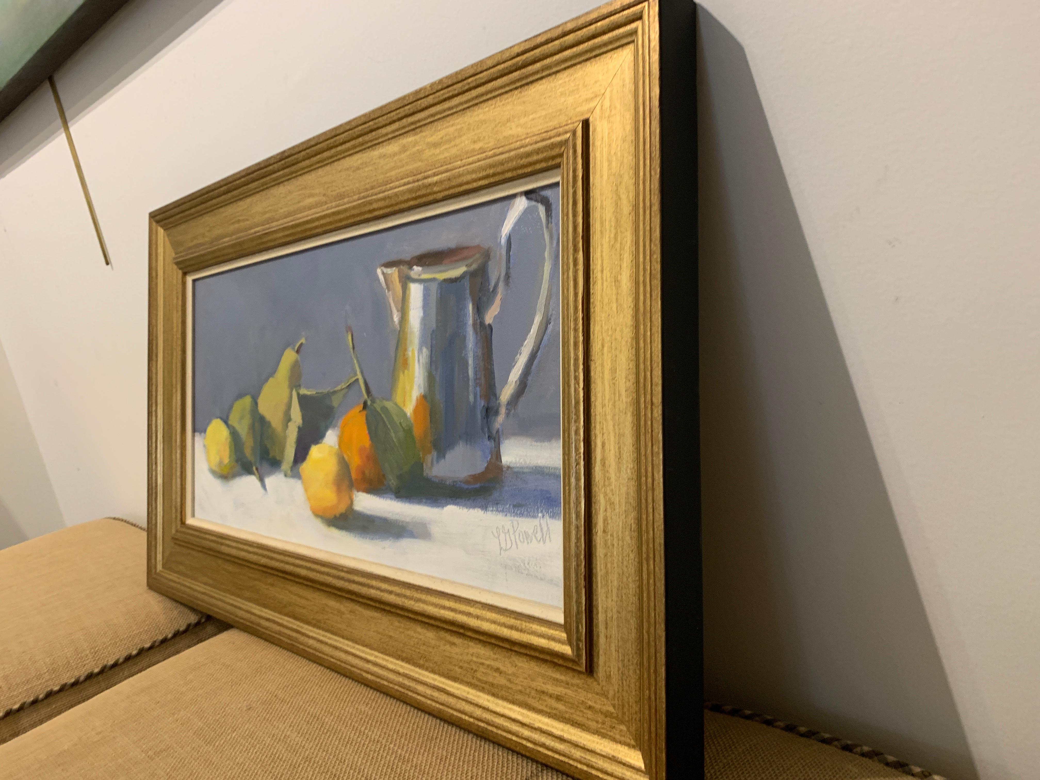 Tankard and Fruit by Lesley Powell, Small Framed Oil on Panel Still-Life 3