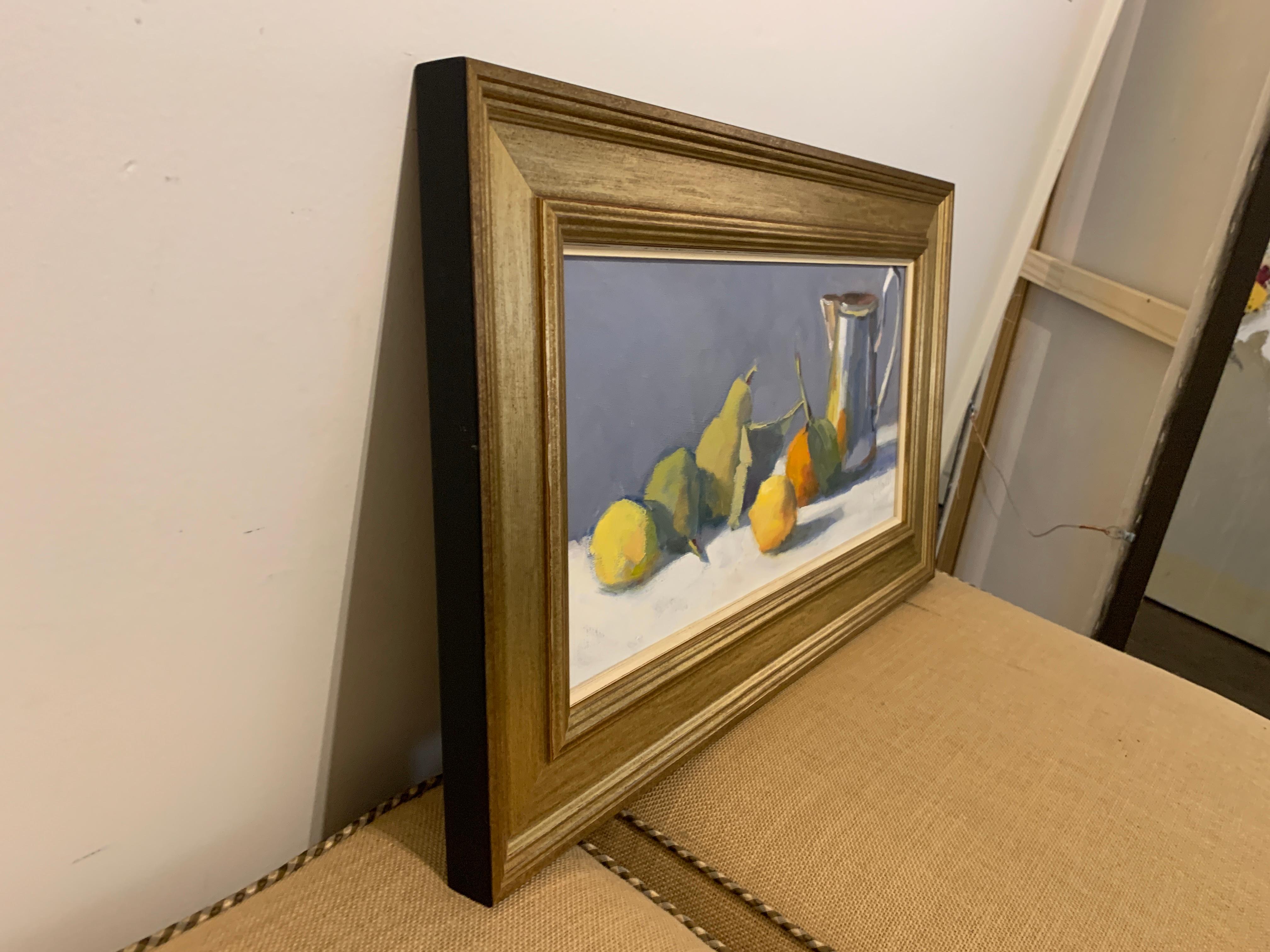Tankard and Fruit by Lesley Powell, Small Framed Oil on Panel Still-Life 4