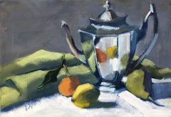 Teapot with Green Napkin by Lesley Powell, Small Horizontal Fruit Still Life