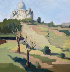 View to Sacre Coeur by Lesley Powell, Oil Parisian Scene with Green and Blue