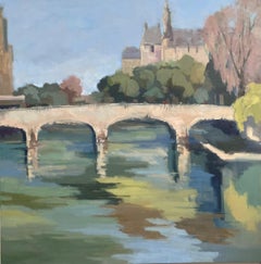 Aquarelle sous le pont de Lesley Powell, huile de scène parisienne avec pont
